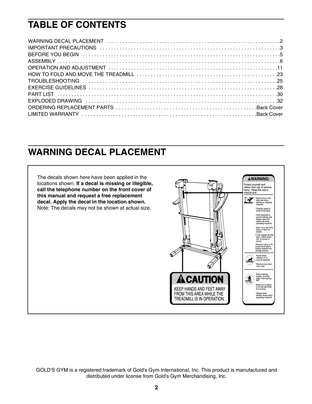 Gold's Gym CWTL05607.0 manual Table of Contents 