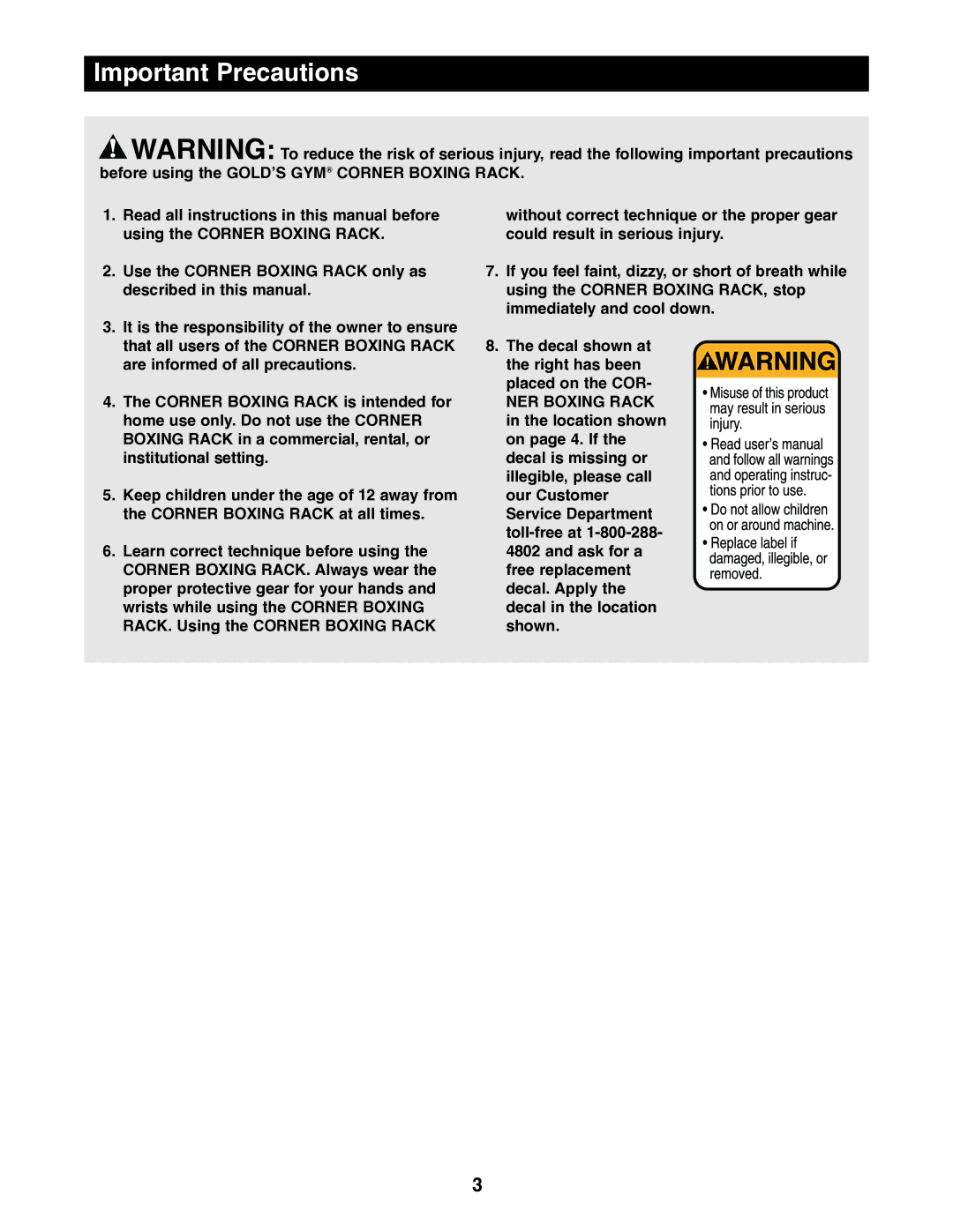 Gold's Gym GACR02 manual Important Precautions 