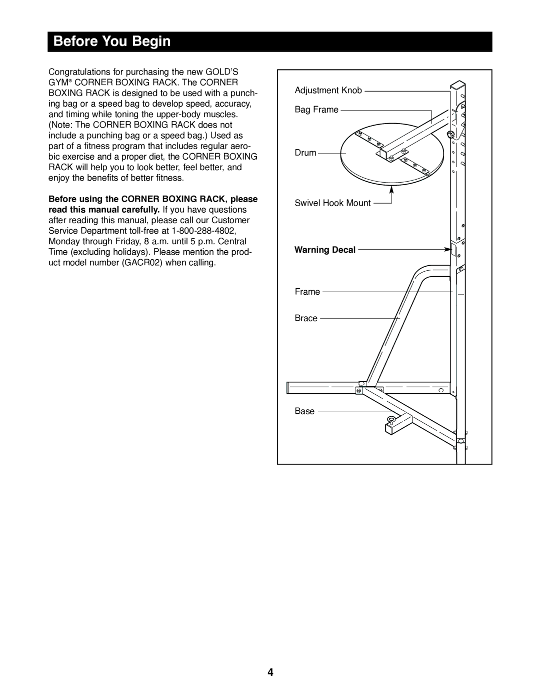 Gold's Gym GACR02 manual Before You Begin 