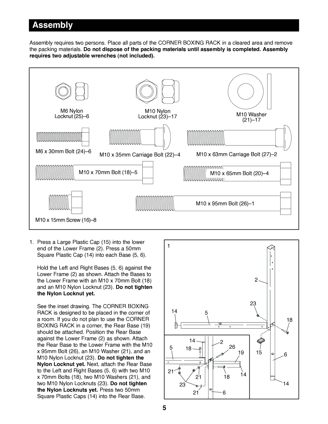 Gold's Gym GACR02 manual Assembly, Nylon Locknut yet, Nylon Locknuts yet. Press two 50mm 