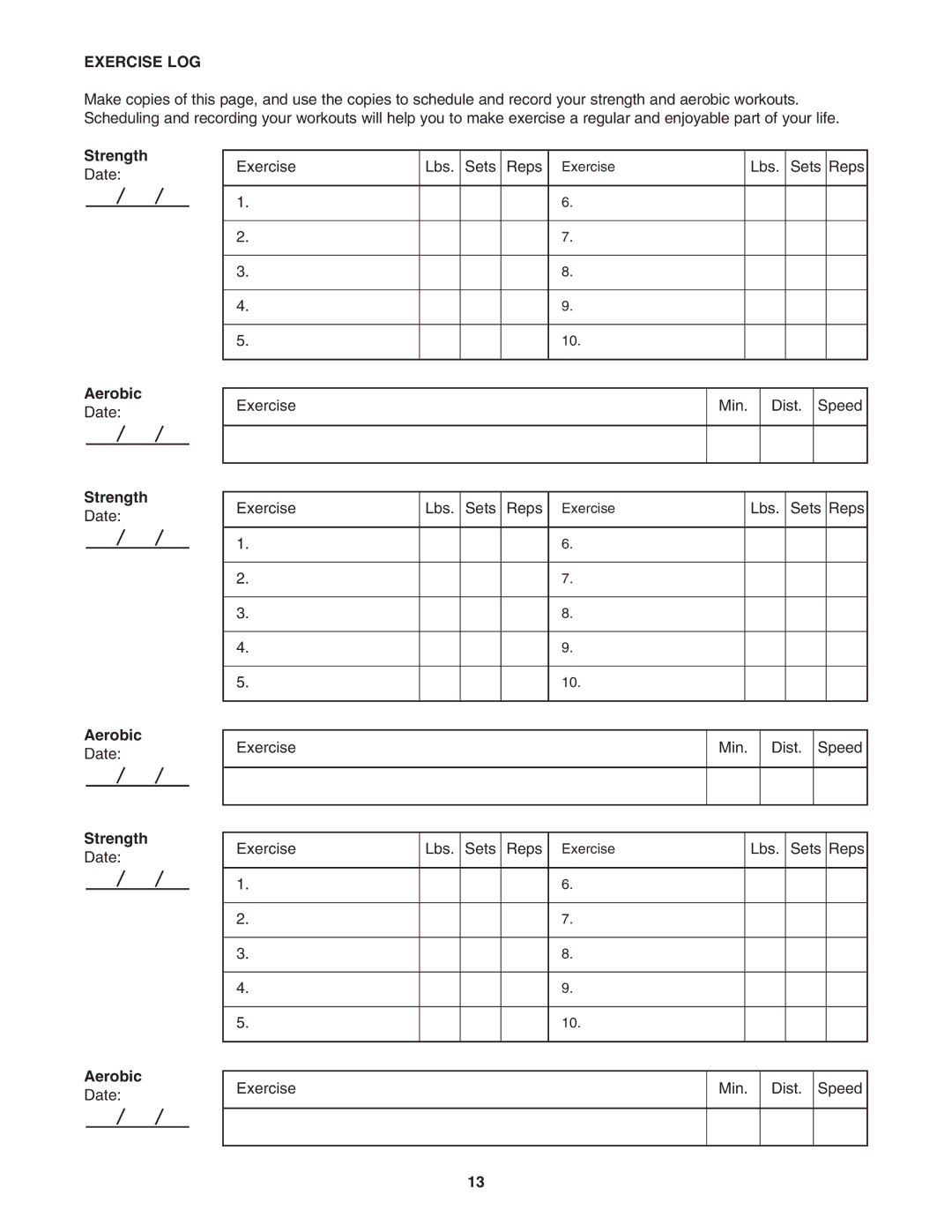 Gold's Gym GGBE0957.0 manual Exercise LOG, Strength, Aerobic 