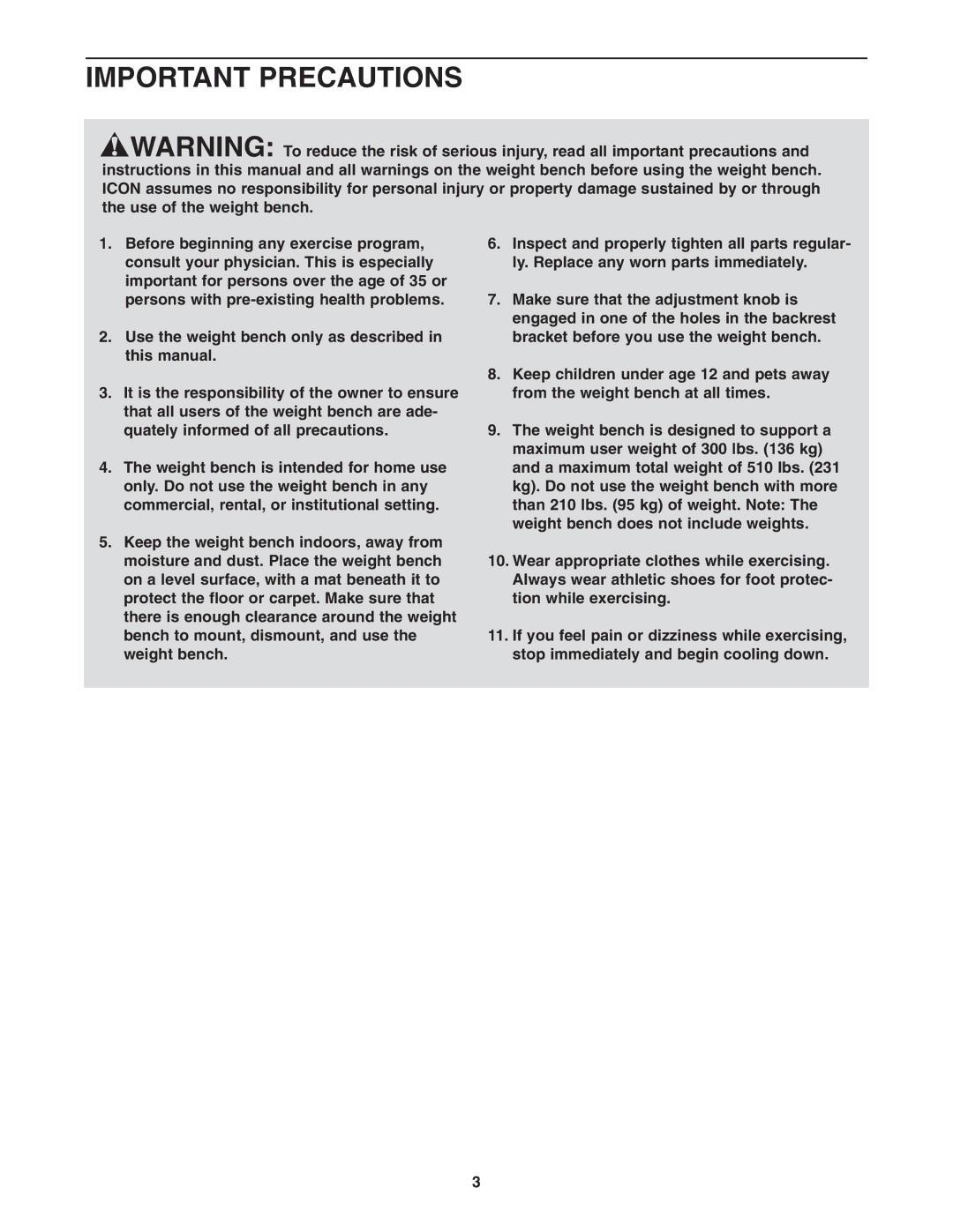 Gold's Gym GGBE0957.0 manual Important Precautions 