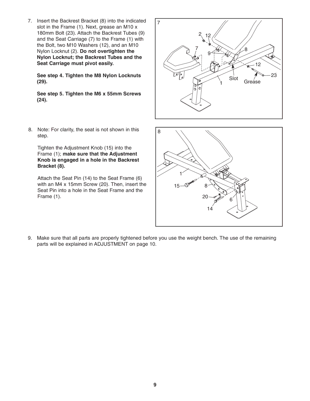 Gold's Gym GGBE0957.0 manual Knob is engaged in a hole in the Backrest Bracket 