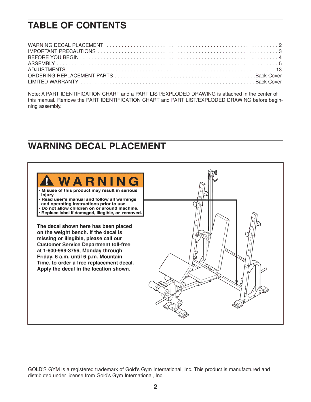 Gold's Gym GGBE12830 manual Table of Contents 