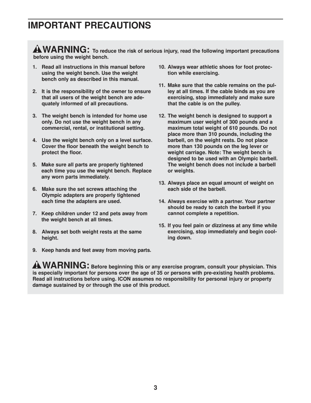 Gold's Gym GGBE12830 manual Important Precautions 