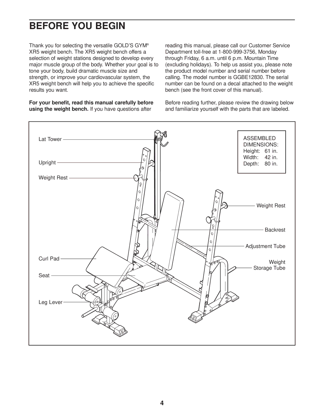 Gold's Gym GGBE12830 manual Before YOU Begin, Dimensions 