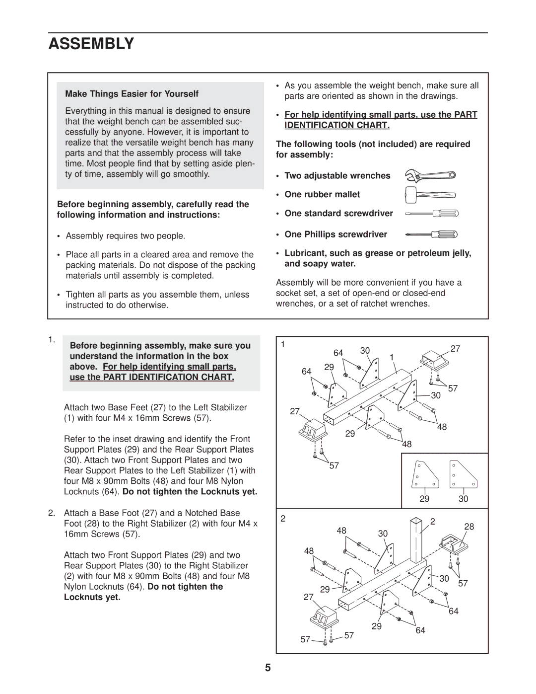 Gold's Gym GGBE12830 manual Assembly, Make Things Easier for Yourself, Locknuts yet 