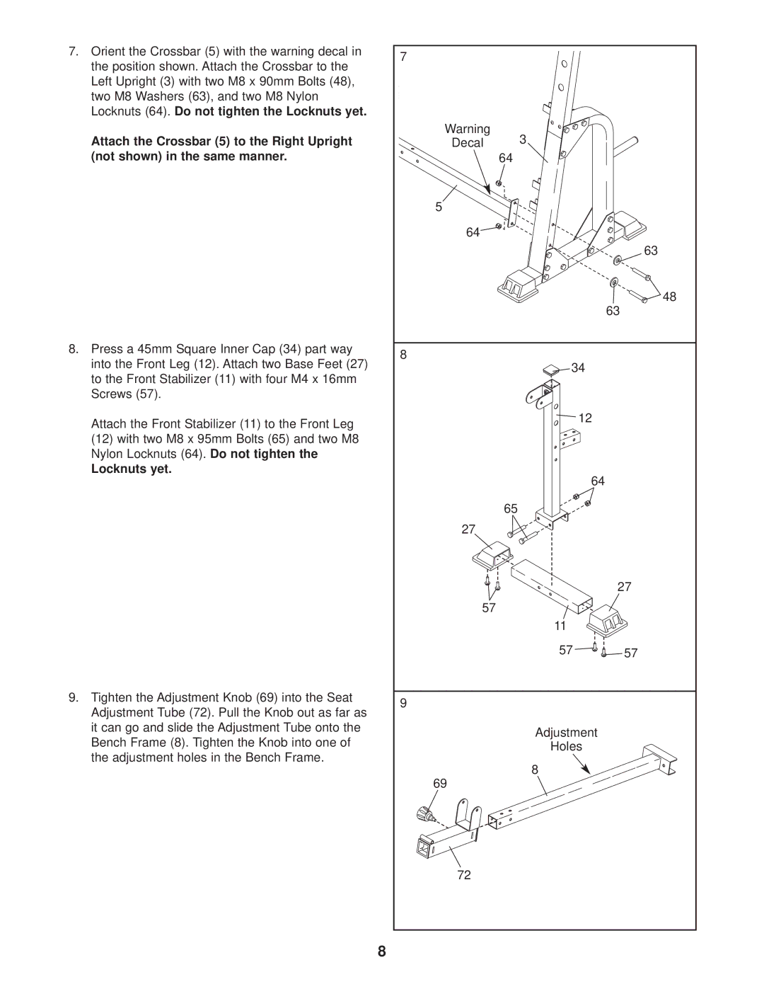 Gold's Gym GGBE12830 manual Locknuts yet 