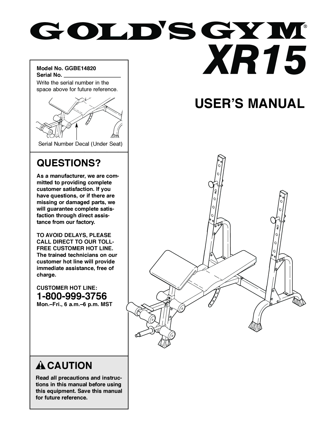 Gold's Gym manual Questions?, Model No. GGBE14820 Serial No, Customer HOT Line 