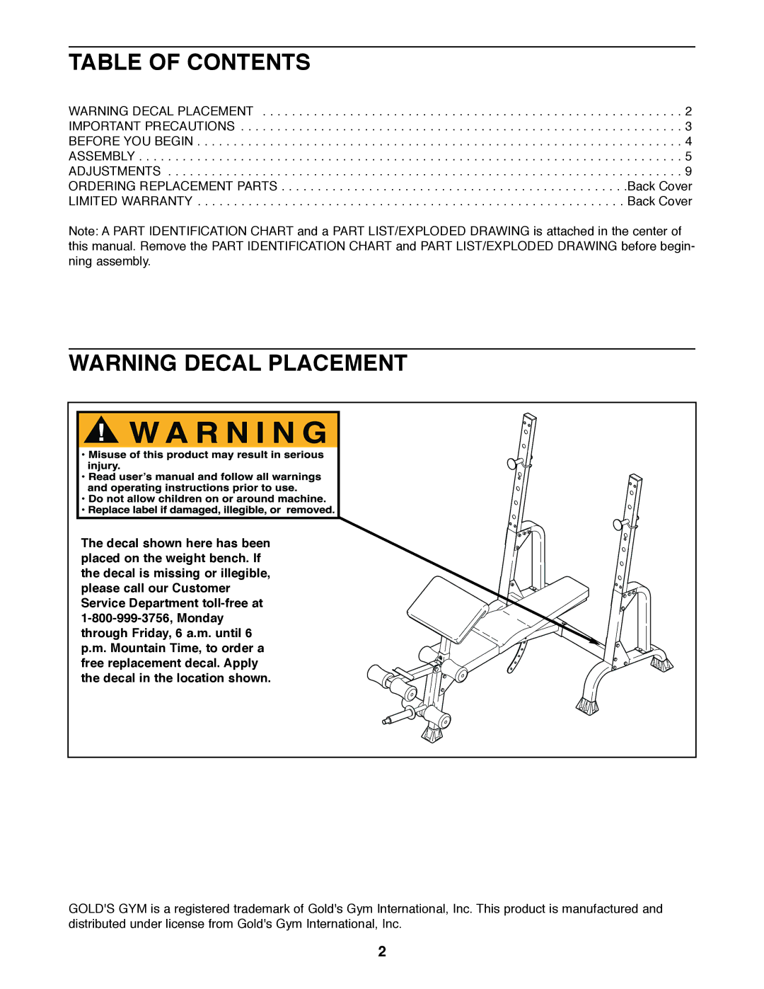 Gold's Gym GGBE14820 manual Table of Contents 