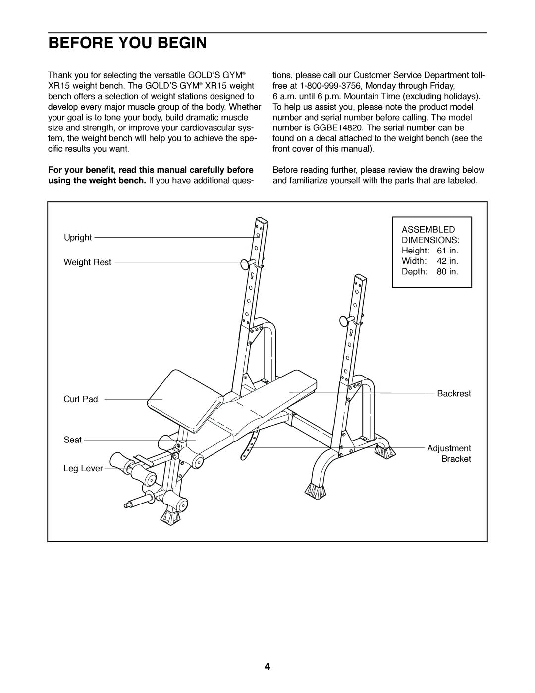 Gold's Gym GGBE14820 manual Before YOU Begin 