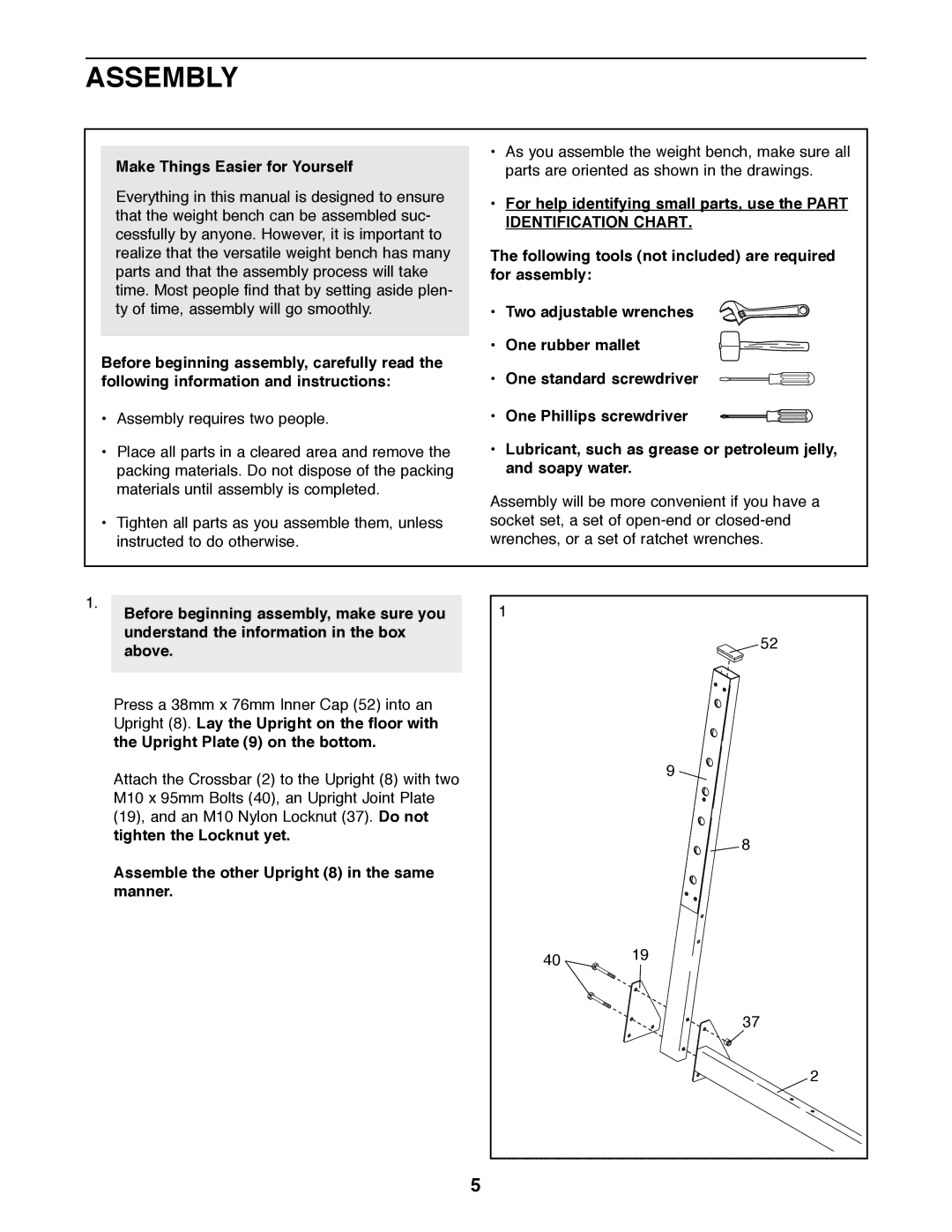 Gold's Gym GGBE14820 manual Assembly, Make Things Easier for Yourself, Assemble the other Upright 8 in the same manner 