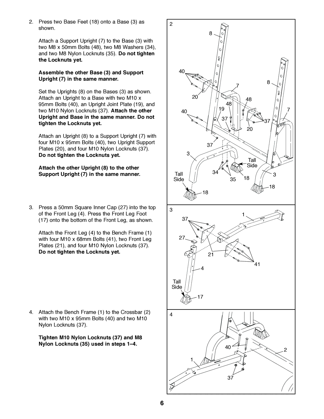 Gold's Gym GGBE14820 manual Do not tighten the Locknuts yet 