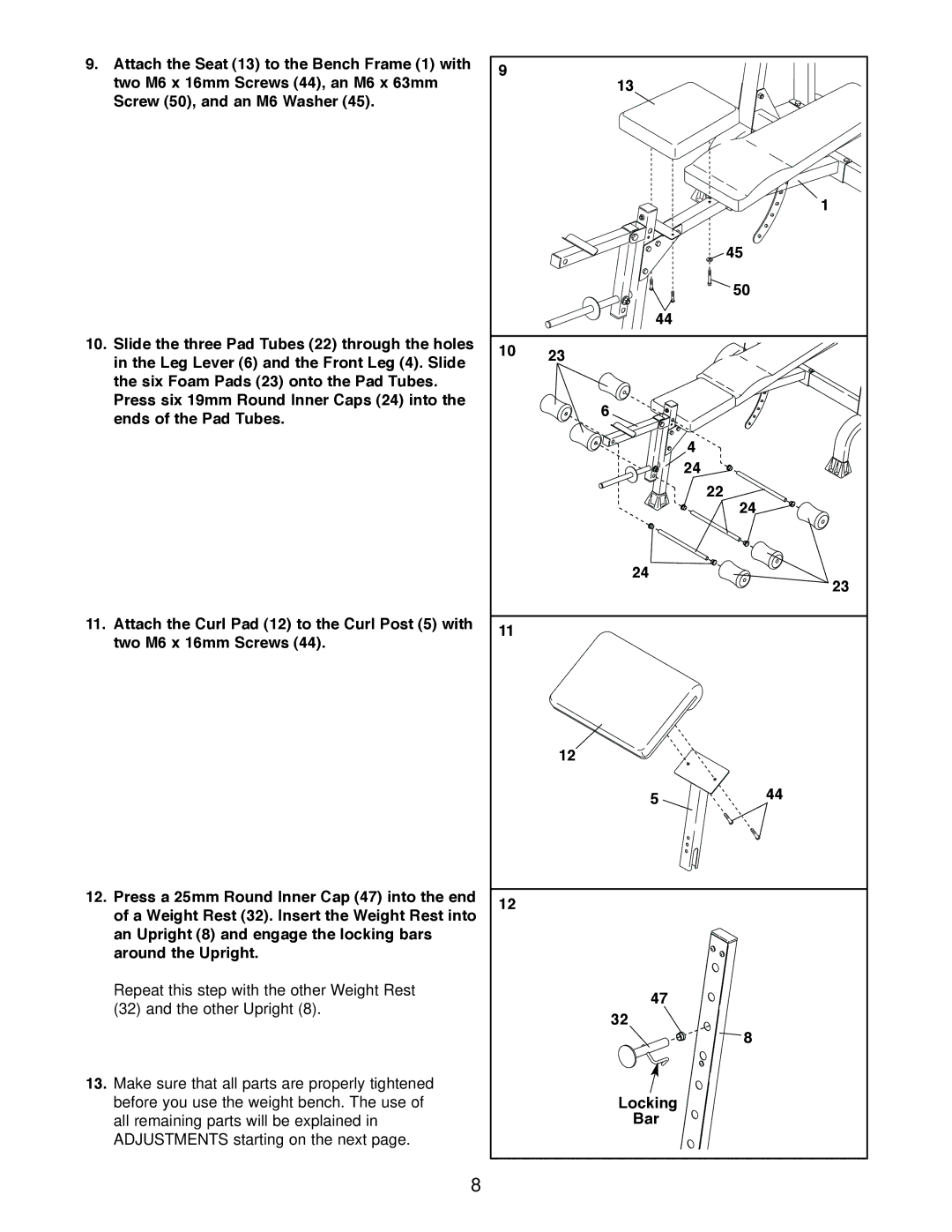 Gold's Gym GGBE14820 manual All remaining parts will be explained, Adjustments starting on the next 