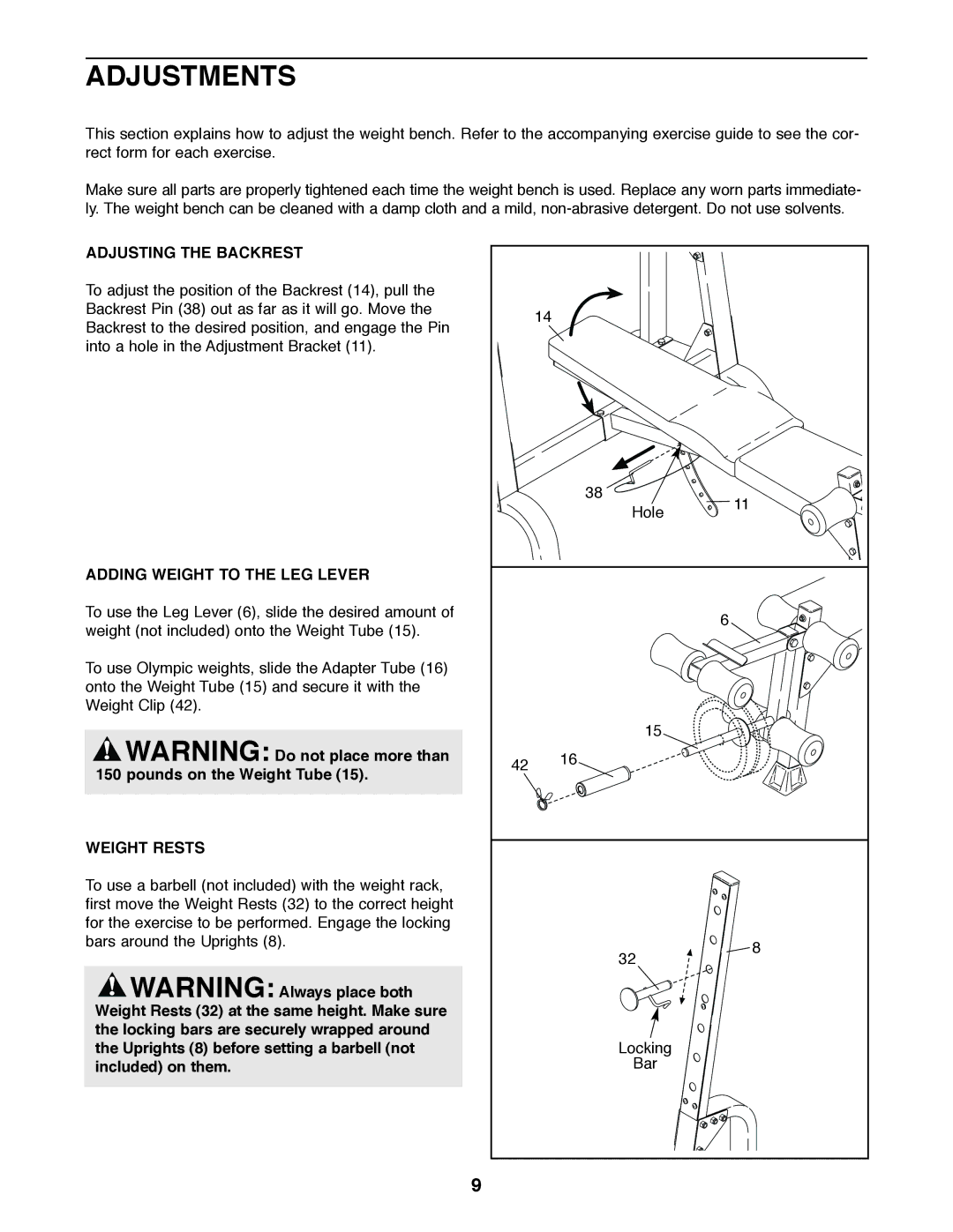 Gold's Gym GGBE14820 manual Adjustments, Adjusting the Backrest, Adding Weight to the LEG Lever, Weight Rests 