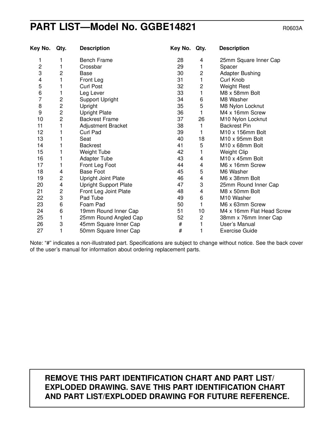 Gold's Gym XR15 manual Part LIST-Model No. GGBE14821, Qty Description 