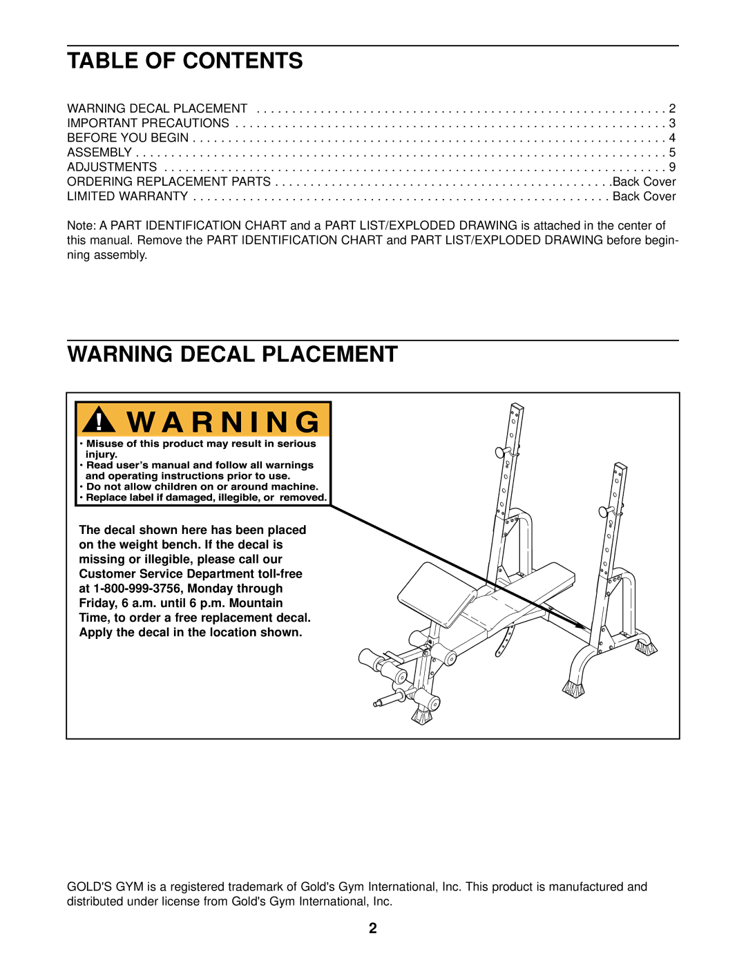 Gold's Gym GGBE14821, XR15 manual Table of Contents 