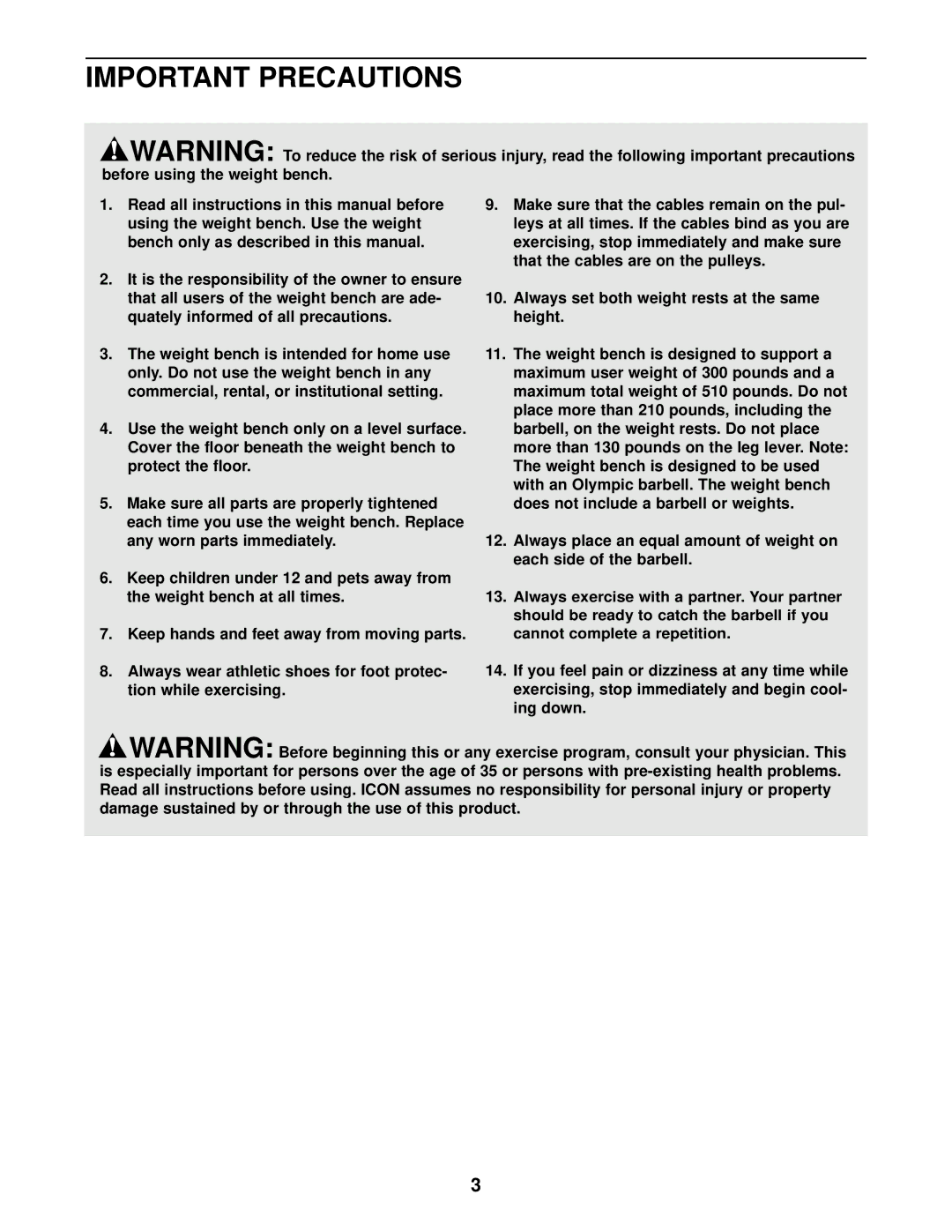 Gold's Gym XR15, GGBE14821 manual Important Precautions 