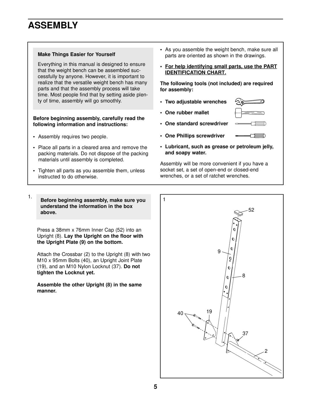 Gold's Gym XR15, GGBE14821 manual Assembly, Make Things Easier for Yourself, Assemble the other Upright 8 in the same manner 