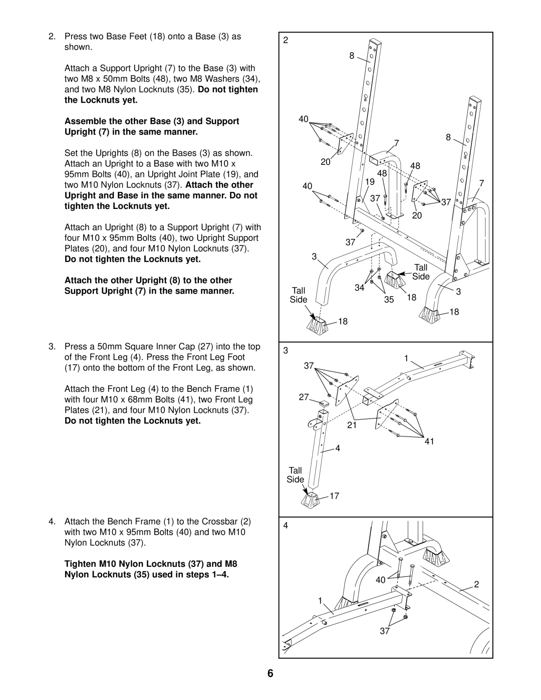 Gold's Gym GGBE14821, XR15 manual Do not tighten the Locknuts yet 