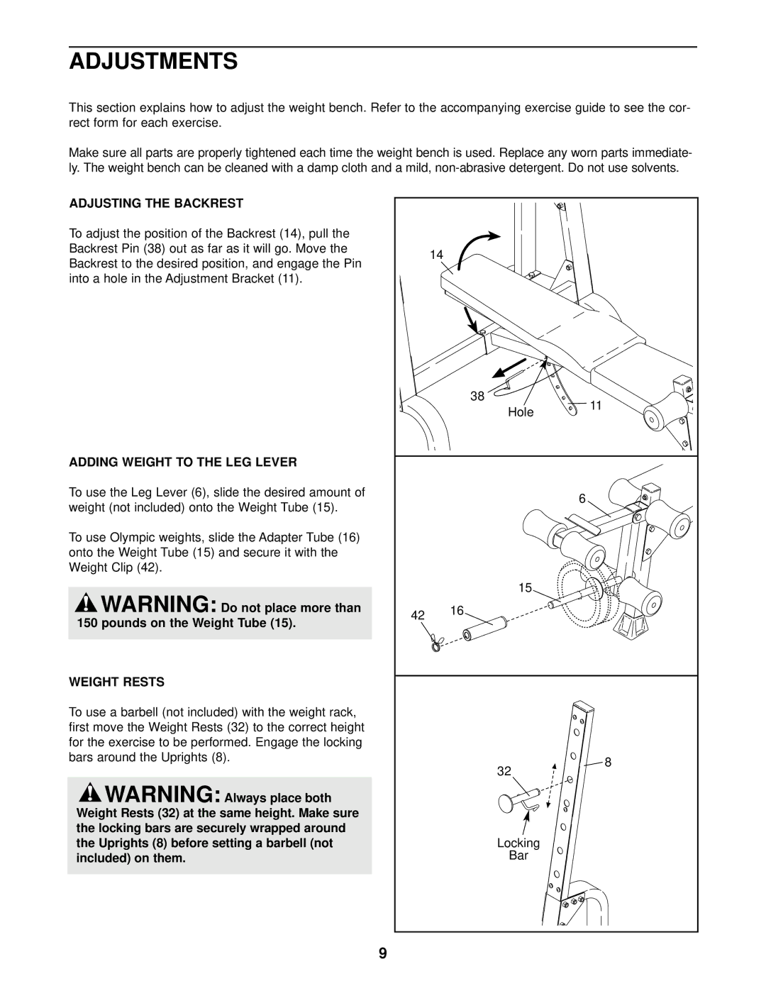 Gold's Gym XR15, GGBE14821 manual Adjustments, Adjusting the Backrest, Adding Weight to the LEG Lever, Weight Rests 