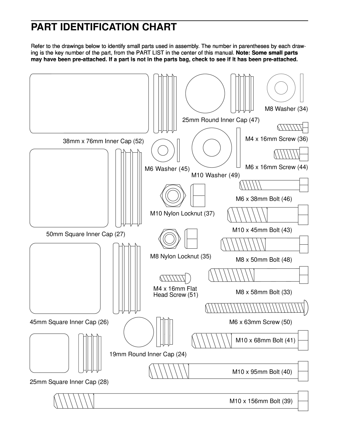 Gold's Gym GGBE14821, XR15 manual Part Identification Chart 