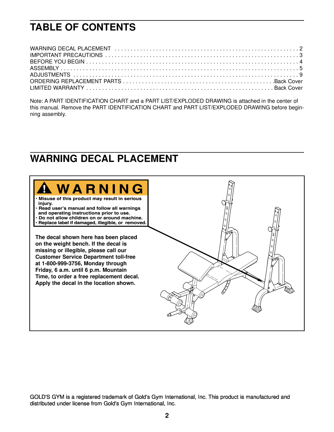 Gold's Gym GGBE14821, XR15 manual Table Of Contents, Warning Decal Placement 