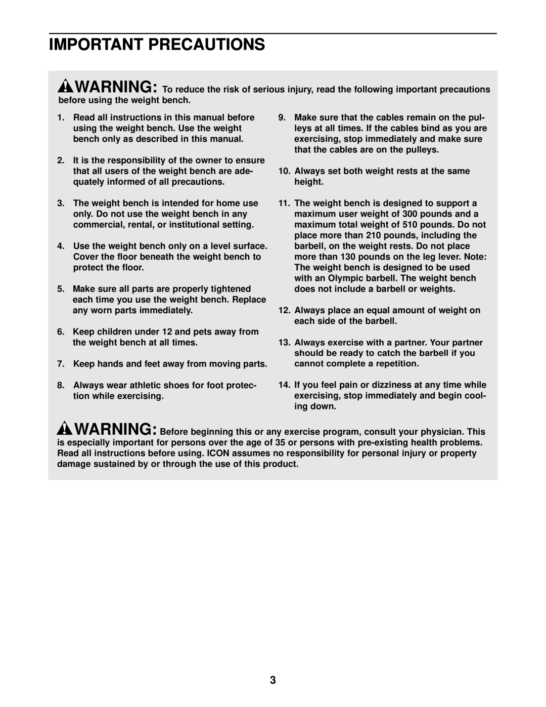 Gold's Gym XR15, GGBE14821 manual Important Precautions 