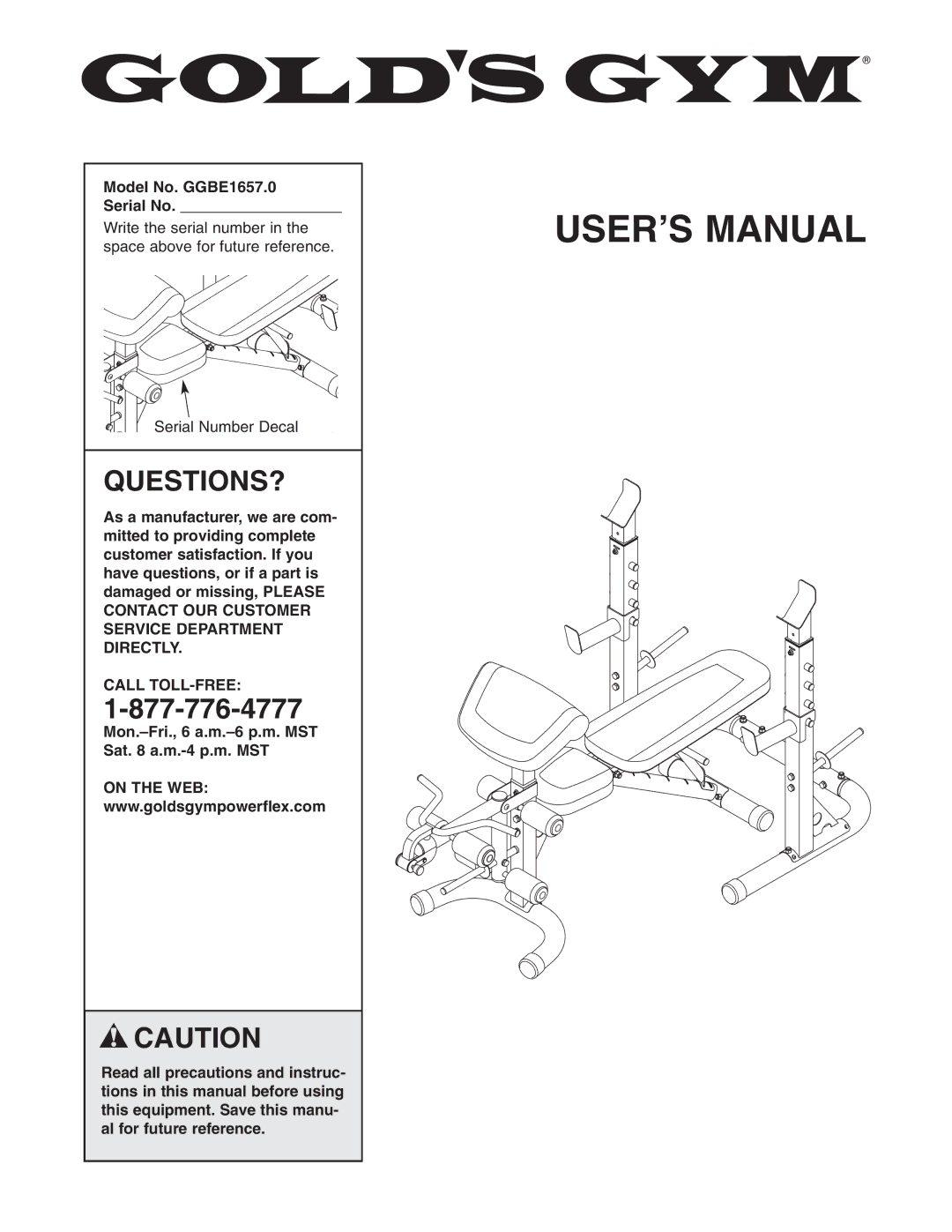 Gold's Gym manual Questions?, Model No. GGBE1657.0 Serial No, Call TOLL-FREE 