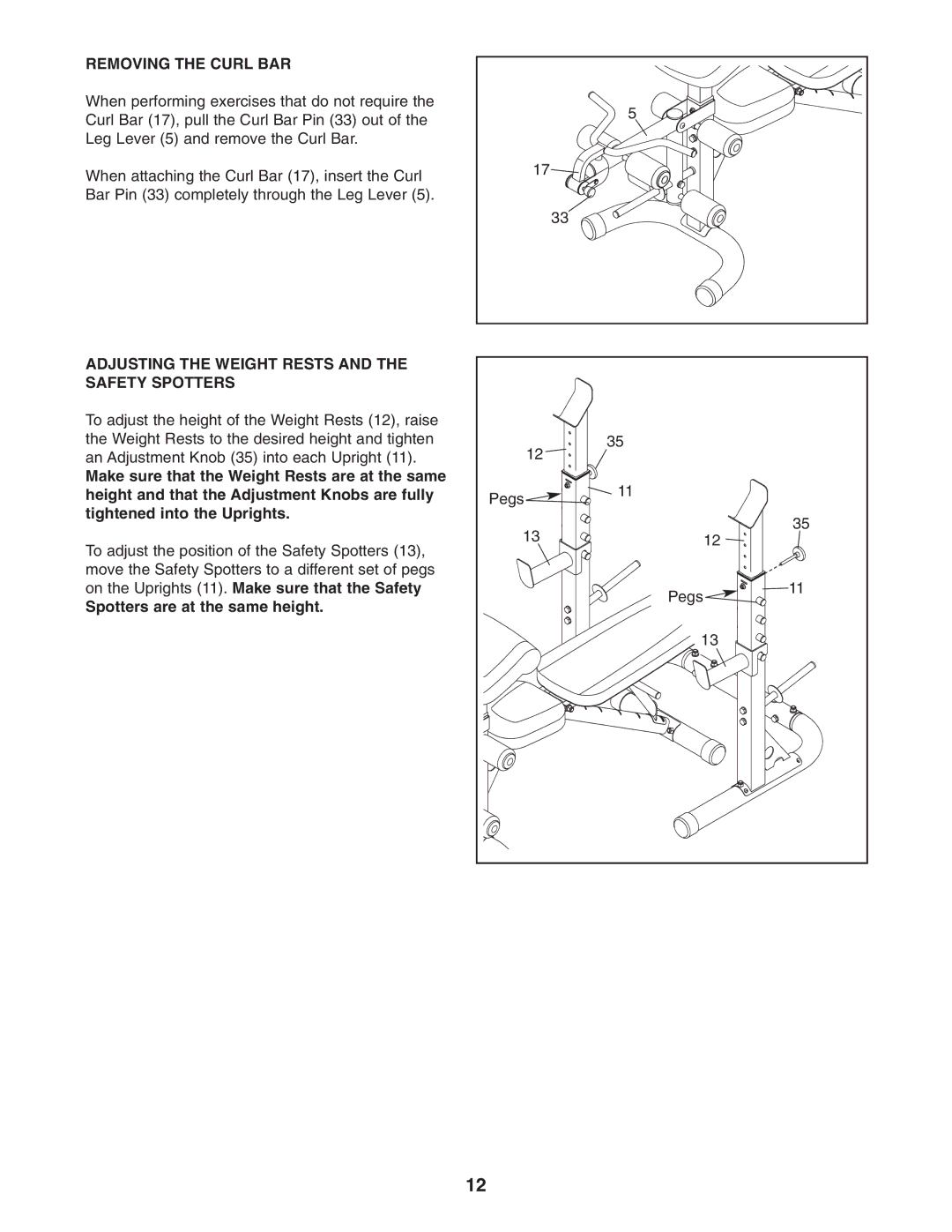 Gold's Gym GGBE1657.0 manual Removing the Curl BAR, Adjusting the Weight Rests and the Safety Spotters 