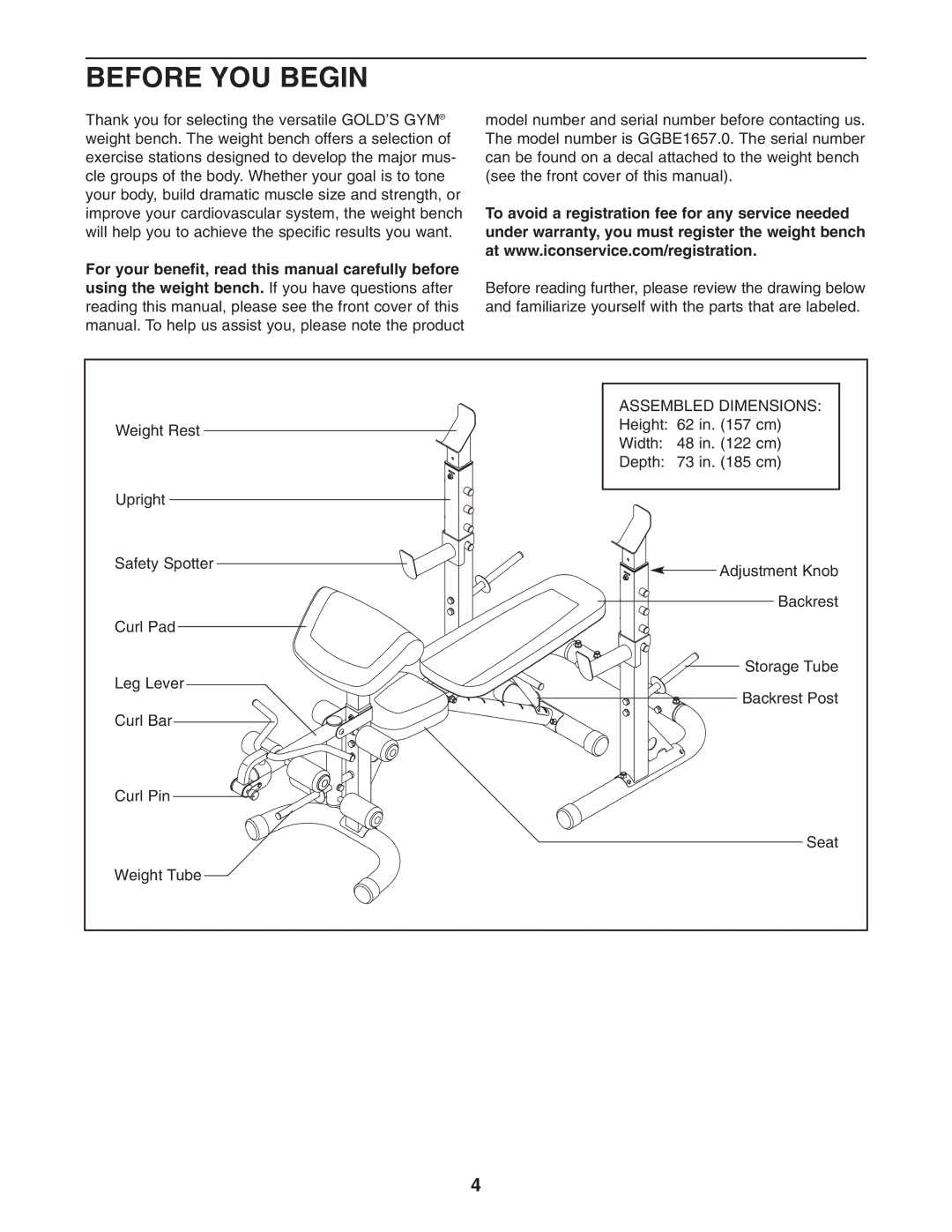 Gold's Gym GGBE1657.0 manual Before YOU Begin, Assembled Dimensions 