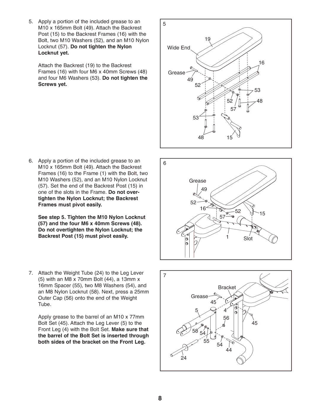 Gold's Gym GGBE1657.0 manual Locknut yet, Screws yet, Both sides of the bracket on the Front Leg 