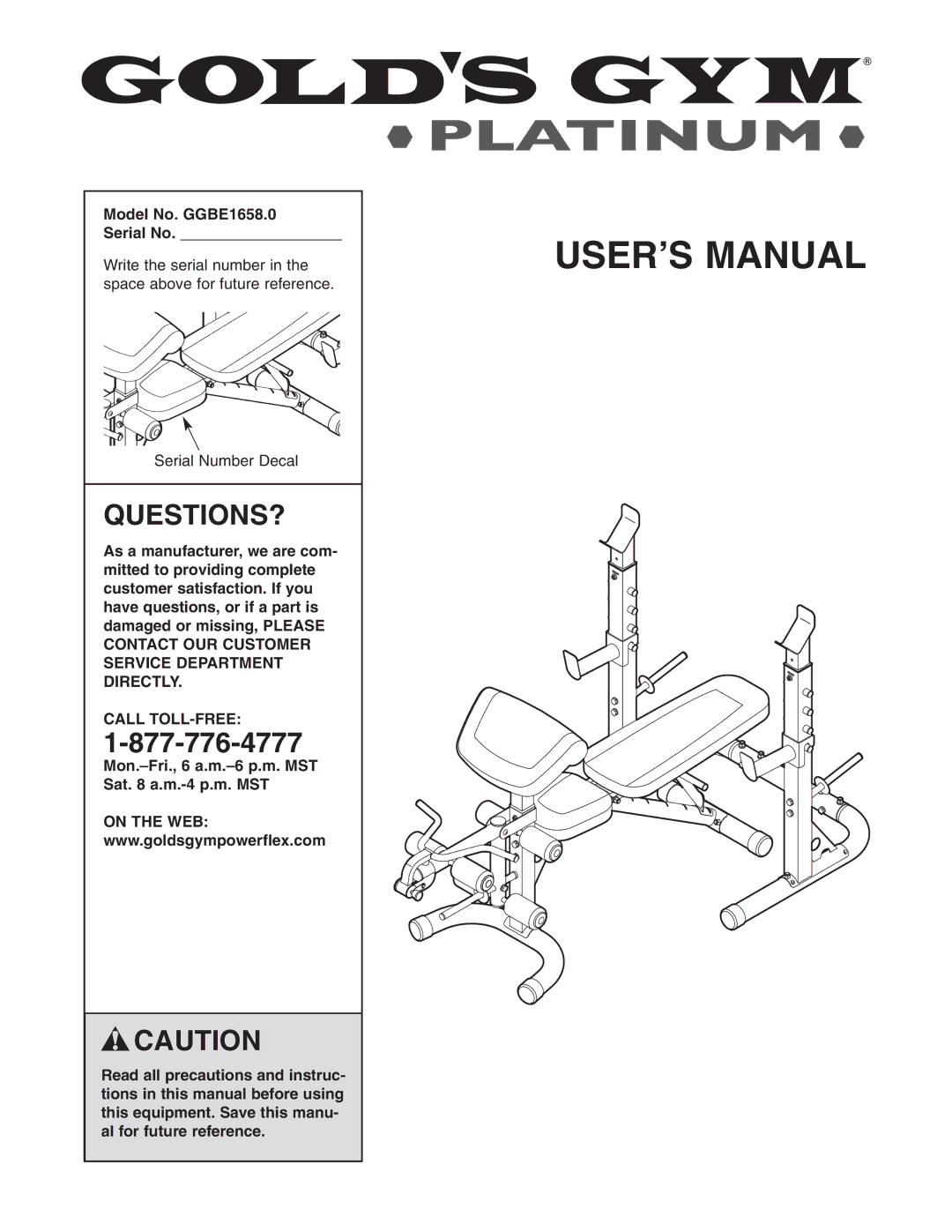 Gold's Gym manual Questions?, Model No. GGBE1658.0 Serial No, Call TOLL-FREE 