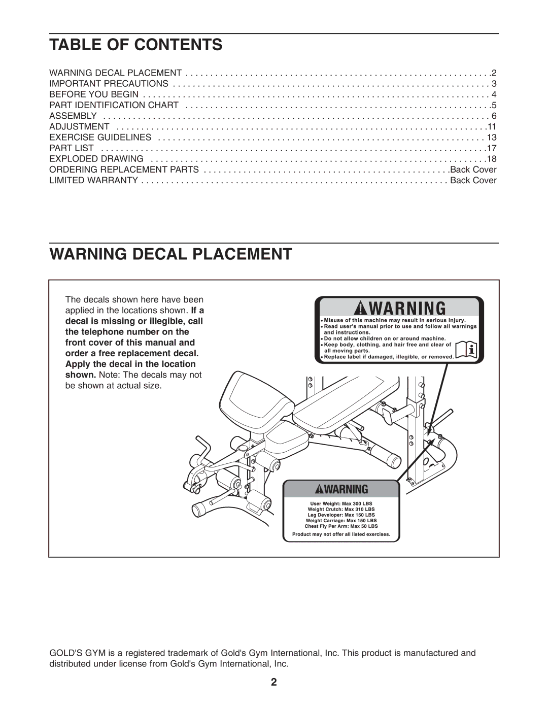 Gold's Gym GGBE1658.0 manual Table of Contents 
