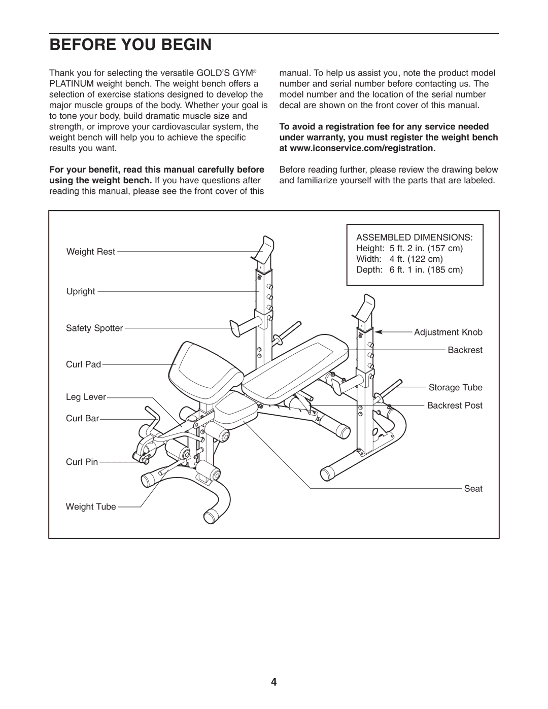 Gold's Gym GGBE1658.0 manual Before YOU Begin, Assembled Dimensions 