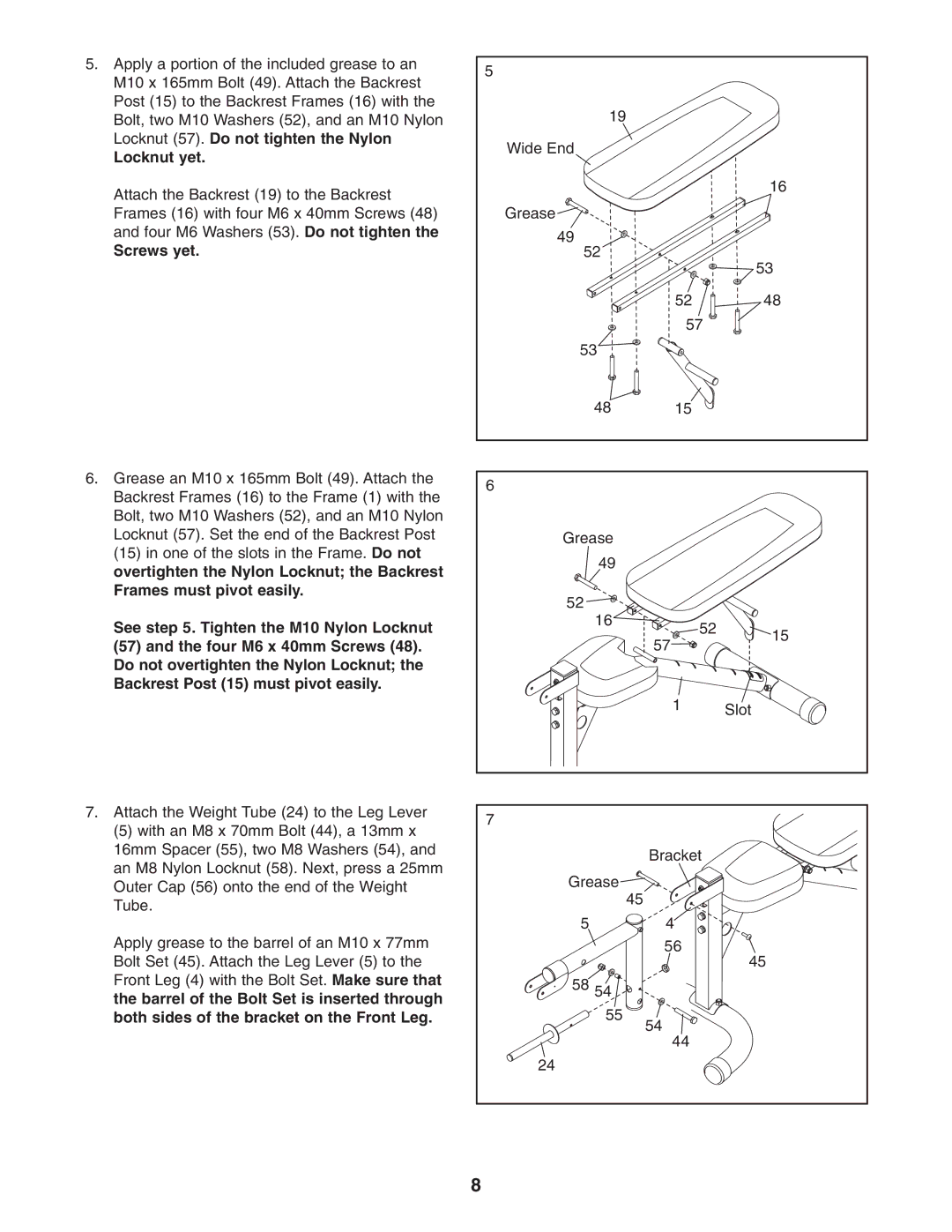 Gold's Gym GGBE1658.0 manual Locknut yet, Screws yet, Both sides of the bracket on the Front Leg 