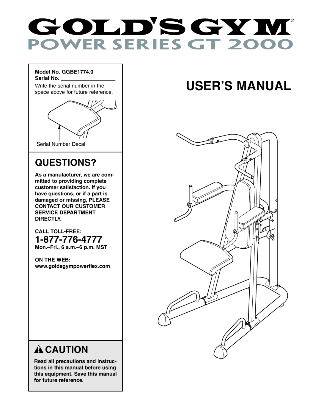 Gold's Gym manual Questions?, Model No. GGBE1774.0 Serial No, Call TOLL-FREE 