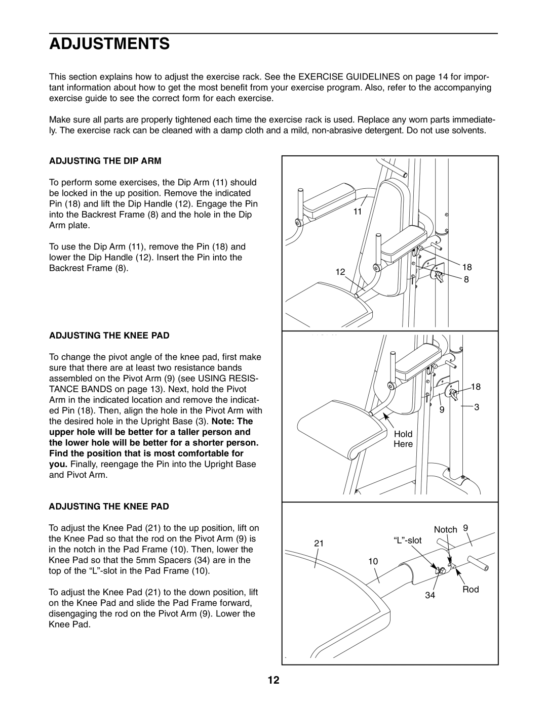 Gold's Gym GGBE1774.0 manual Adjustments, Adjusting the DIP ARM, Adjusting the Knee PAD 