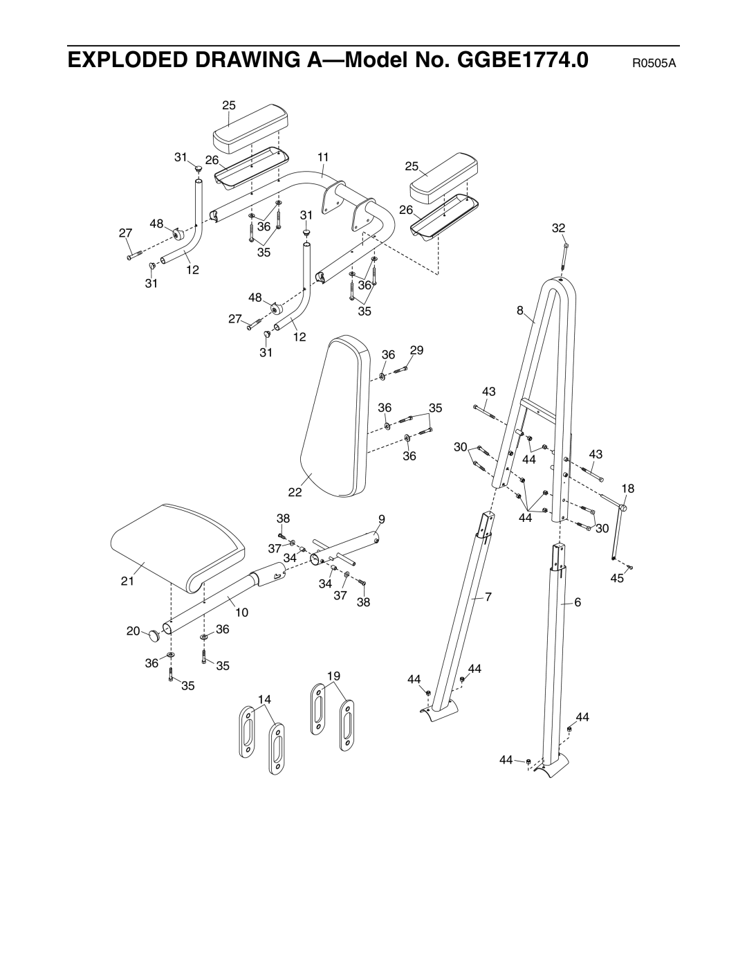 Gold's Gym manual Exploded Drawing A-Model No. GGBE1774.0 R0505A 