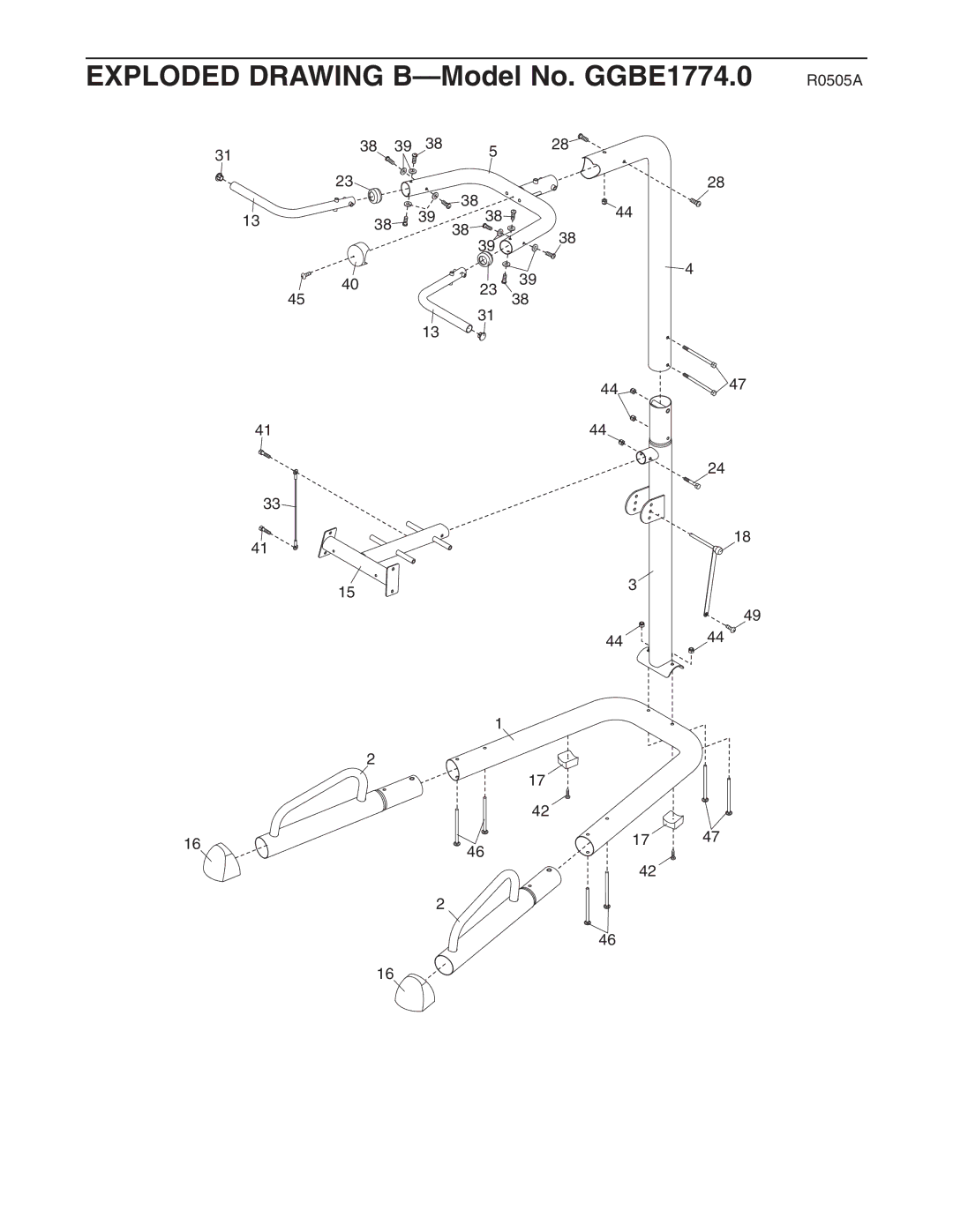 Gold's Gym manual Exploded Drawing B-Model No. GGBE1774.0 R0505A 