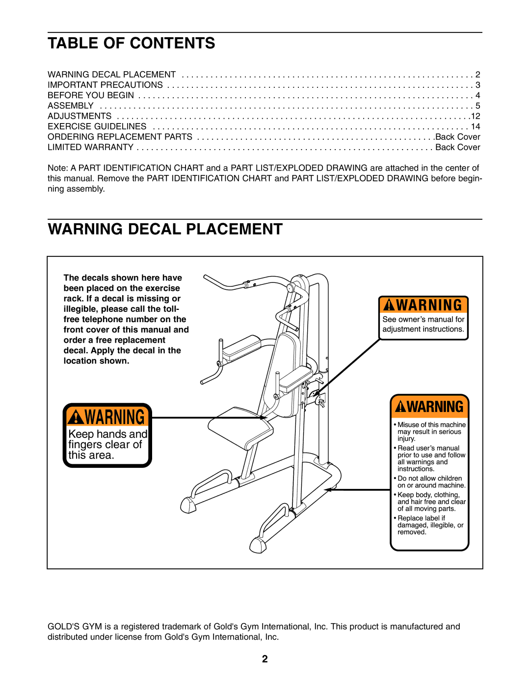 Gold's Gym GGBE1774.0 manual Table of Contents 