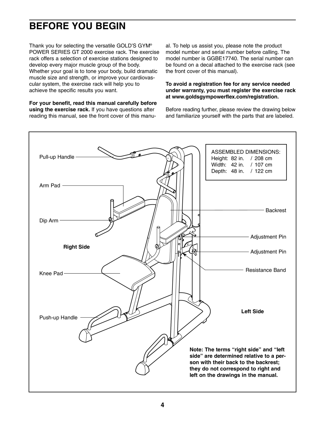 Gold's Gym GGBE1774.0 manual Before YOU Begin, Right Side, Left Side 