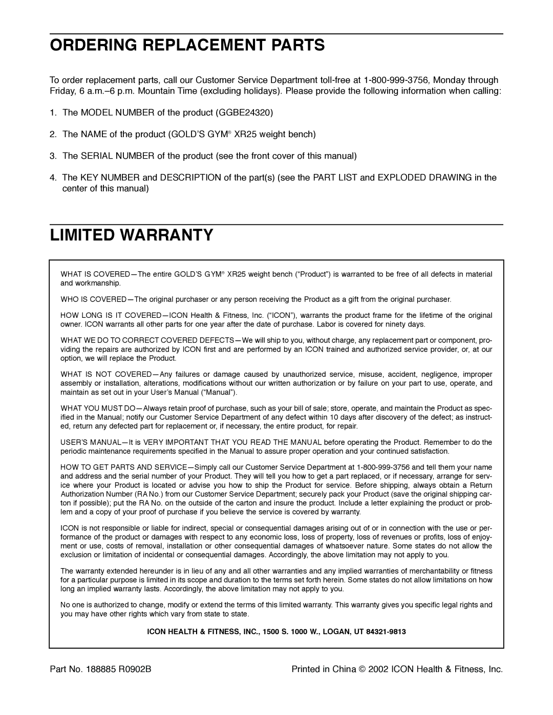 Gold's Gym GGBE24320 manual Ordering Replacement Parts, Limited Warranty 