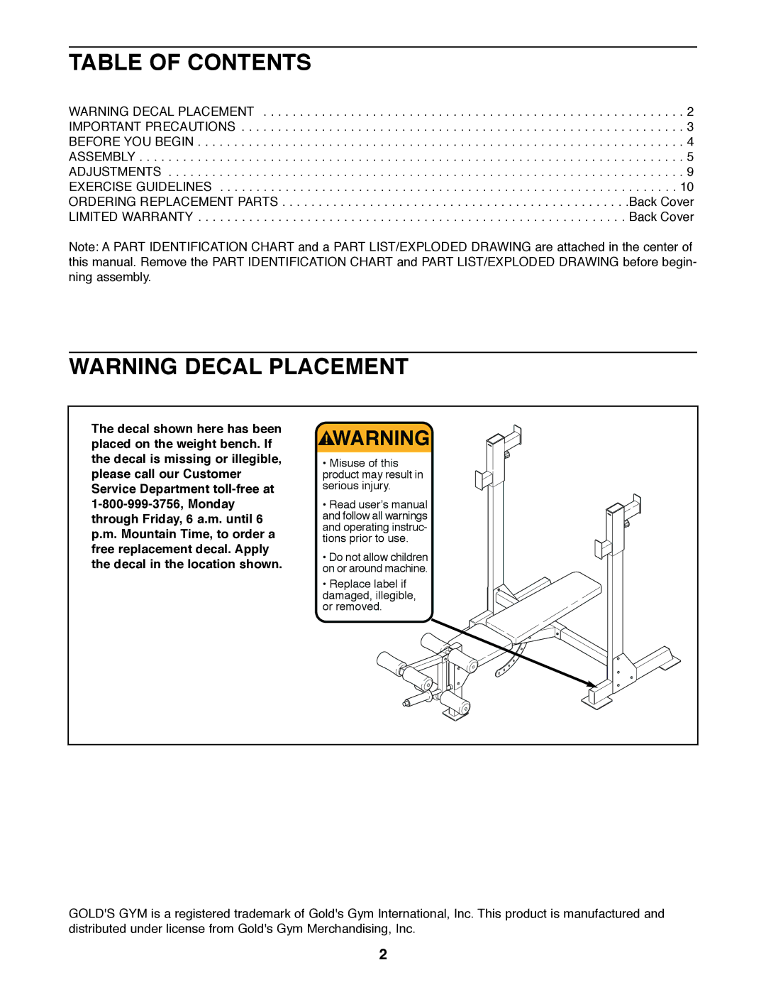 Gold's Gym GGBE24320 manual Table of Contents 