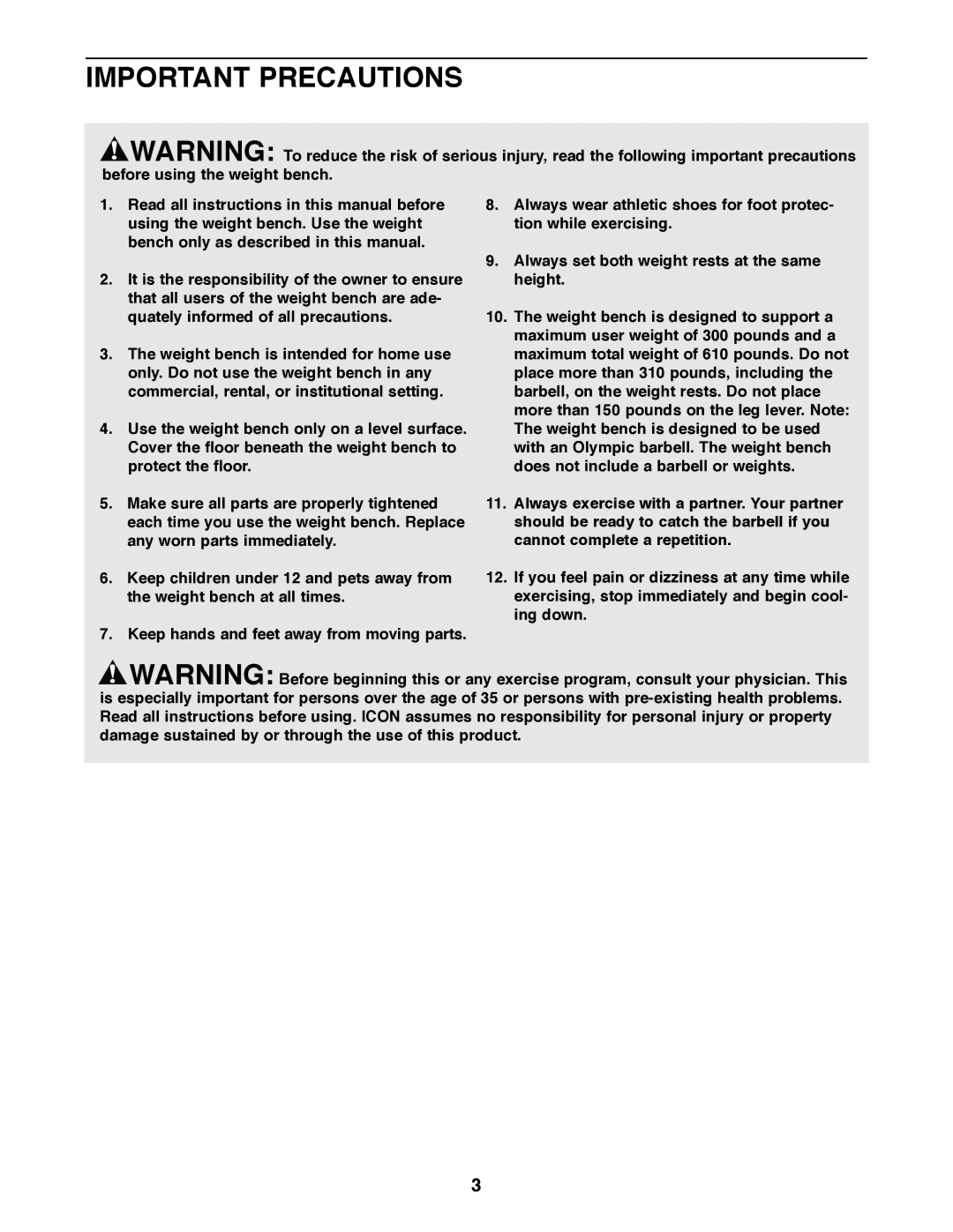 Gold's Gym GGBE24320 manual Important Precautions 