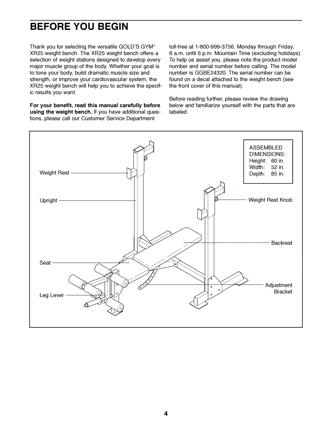 Gold's Gym GGBE24320 manual Before YOU Begin, Dimensions 