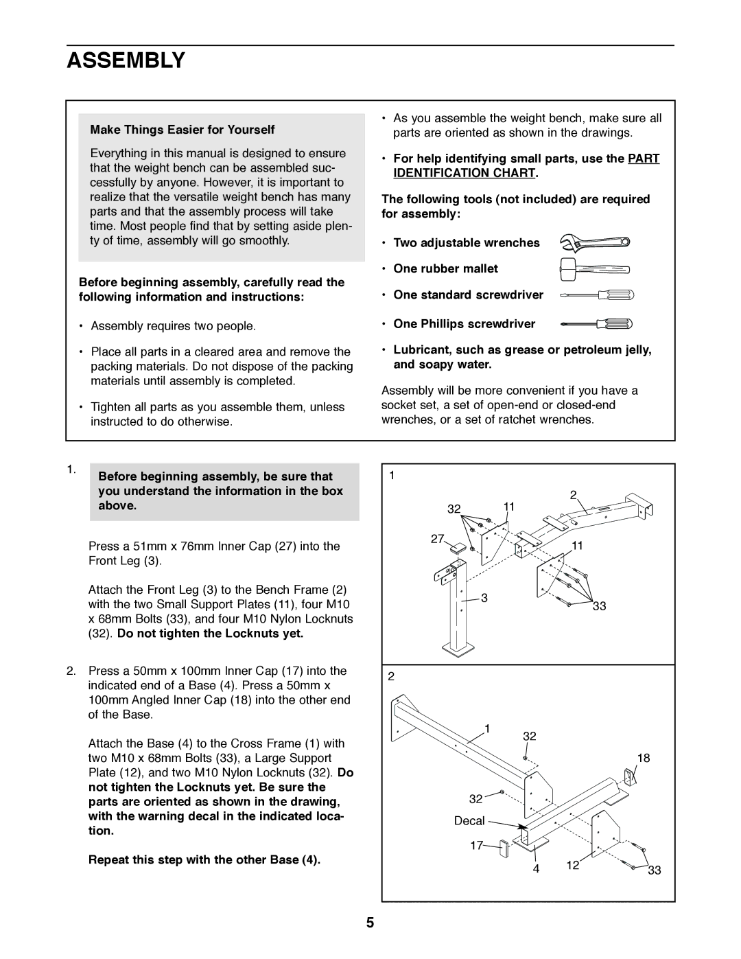 Gold's Gym GGBE24320 manual Assembly, Make Things Easier for Yourself, Repeat this step with the other Base 