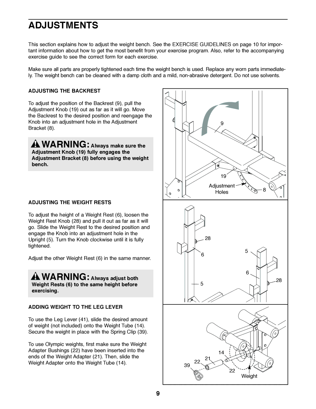 Gold's Gym GGBE24320 manual Adjustments, Adjusting the Backrest, Adjusting the Weight Rests, Adding Weight to the LEG Lever 