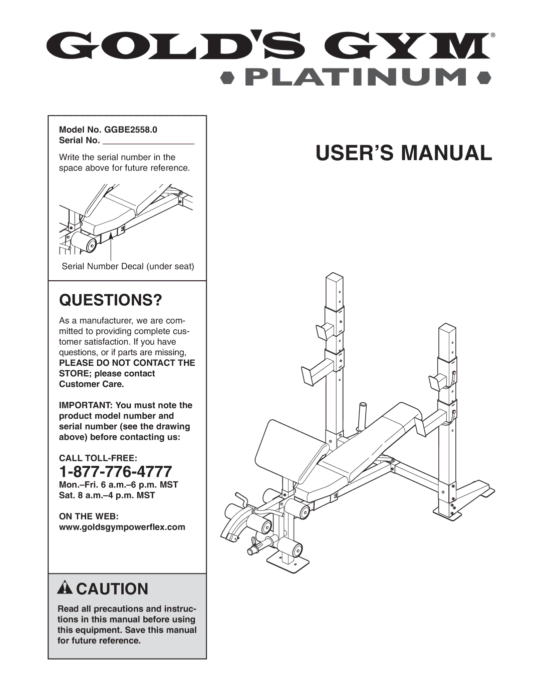 Gold's Gym GGBE25580 manual Questions?, Model No. GGBE2558.0 Serial No, Call TOLL-FREE 