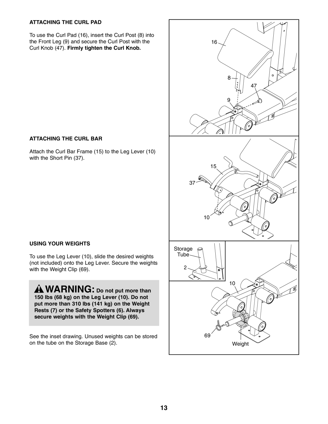 Gold's Gym GGBE25580 manual Attaching the Curl PAD, Attaching the Curl BAR, Using Your Weights 